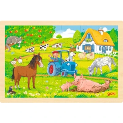 Afbeelding van goki 57317 Inlegpuzzel hout, houten puzzel van een boerderij, educatief speelgoed en kinderpuzzel, bevordert de fantasie motoriek kinderen, 30 cm x 20 cm, set 24, vanaf 3 jaar