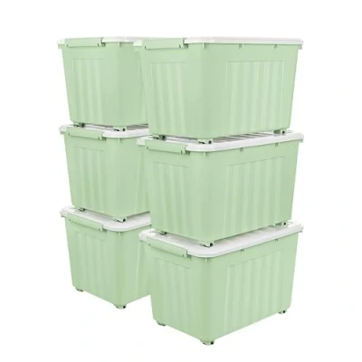 Afbeelding van Cetomo 55L x 6 opbergdozen met wielen, plastic opbergdoos deksel, vergrendelingsgespen, kliksluiting, stapelbaar, nesten, duurzame organizer voor thuiskantoorkleding, groen, stuks