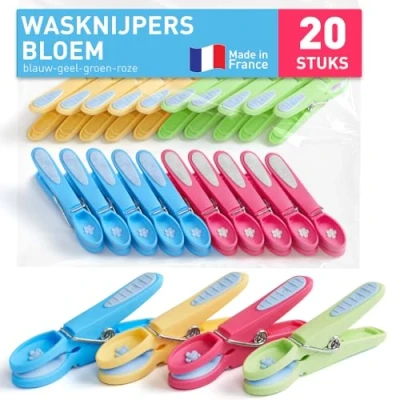 Afbeelding van culiclean wasknijpers bloem 20 stuks, blauw geel groen roze anti spoor waslijn