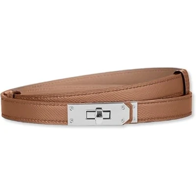 Afbeelding van baizhong Vrouwen Skinny Lederen Riem Klassieke Effen Kleur Legering Turn Lock Dames Verstelbare Slanke Dunne Taille Riem, (karamel/Zilver), Eén maat
