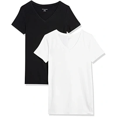 Afbeelding van Amazon Essentials Dames T shirt met korte mouwen en V hals in klassieke pasvorm, 2 Pack, Wit/Zwart, S