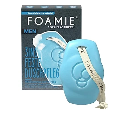 Afbeelding van Foamie vaste douchegel en shampoo voor mannen, met watermunt citroen, 3 in 1 douche gezichtsreiniging, verfrissende geur, doucheverzorging huid haar, 90 g