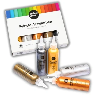 Afbeelding van perfect ideaz 5 x 150ml acrylverf metallic (750ml), verschillende creatieve schilderkleuren, hoog aandeel kleurpigmenten, Arylic Paint extreem dekkend &amp; sneldrogend, ideaal voor schilderen tekenen