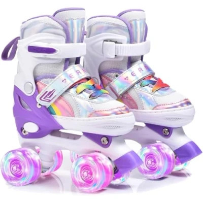 Afbeelding van ERNAN Rolschaatsen kinderen Rollaarzen, 8 oplichtende wielen en 4 maten verstelbaar. voor kinderen, beginners, geschikt binnen buiten (paars, S)