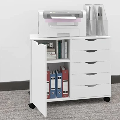 Afbeelding van PUNCIA Rolcontainer van hout, archiefkast met universele wielen, bureaukast 5 laden en deur, druktafel voor documenten documenten, kantoorwagen kantoor, thuis, wit, 78 x 40 60 cm