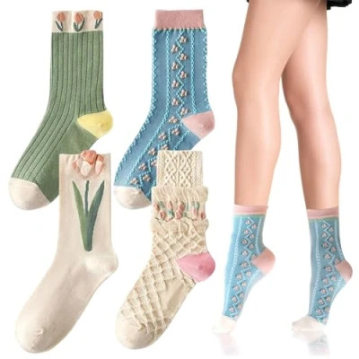 Afbeelding van FUIPVGI 4 paar vintage katoenen sokken met bloemen voor dames, retro kousen, geborduurd, sokken, grappige paar, Eén Maat