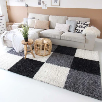Afbeelding van Hoogpolig Tapijt/Vloerkleed Shaggy Trend Blokken Antraciet 60x110 Cm