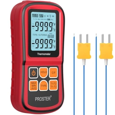 Afbeelding van Proster Digitale thermometer met 2 dual kanalen, K type, thermoelementen, sensor, sonde, lcd achtergrondverlichting, temperatuurmeter voor thermoelement, types K/J/T/E/R/S/N