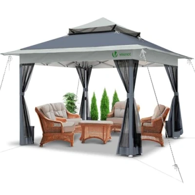 Afbeelding van VOUNOT 3,6 m x pop up tuinhuisje met gaaszijkanten, tuin dubbel dak partytent beengewichten en roltas, grijs