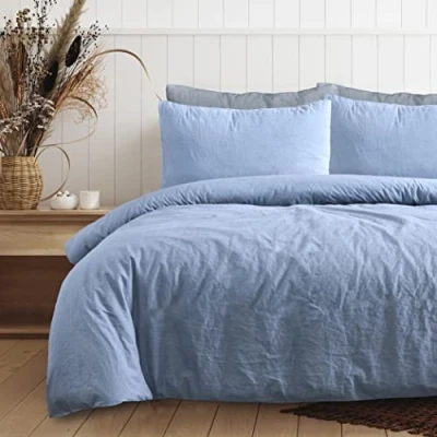 Afbeelding van Sleepdown 100% puur katoen effen kleurstof denim blauw dekbedovertrek quilt kussenslopen beddengoed set zacht onderhoudsvriendelijk dubbel (200 cm x 200 cm)