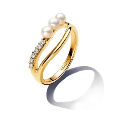 Afbeelding van Pandora Essence Behandelte Süßwasserzuchtperle &amp; Organisch geformter Doppelband Ring aus Sterling Silber mit vergoldeter Metalllegierung und Zirkonia, Größe: 54, 163258C01 54