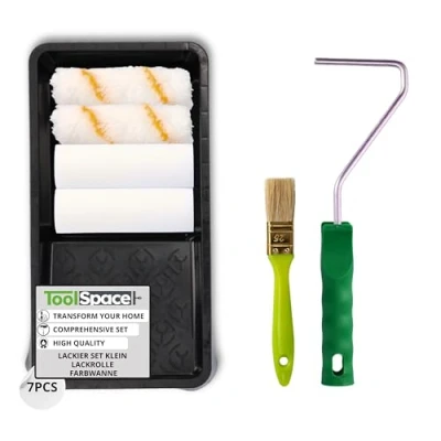 Afbeelding van ToolSpace Universele Mini Schilderset Met Verfbak en Steekbeugel/Renovatieset/Schilderset: 2x Foam Verfrollers, 1x Verfkwast, Ergonomische Rolhouder