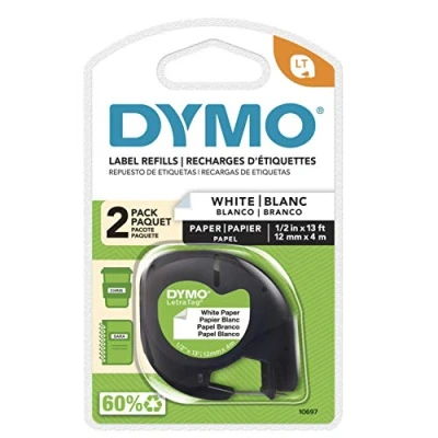 Afbeelding van DYMO authentieke LT papieren labels 12 mm x 4 m op rol Zwart afdrukken witte Voor LetraTag labelmakers