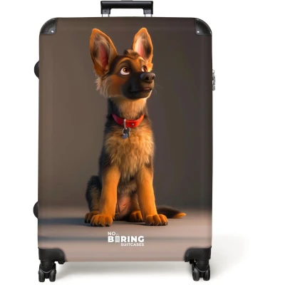 Afbeelding van NoBoringSuitcases.com® Koffer groot Reiskoffer lichtgewicht Herdershond puppy met rode halsband Rolkoffer 4 wielen Grote trolley XL 98 liter bagage