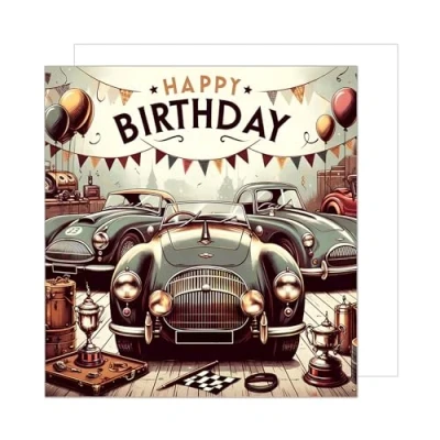Afbeelding van Edition Seidel Premium vierkante verjaardagskaart met envelop. Wenskaart Happy Birthday bilet kaart voor man vader zoon opa vriend auto oldtimer (GQ272 SW024)