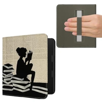 Afbeelding van kwmobile E reader hoesje geschikt voor Tolino Epos 3 hoes flip case met magneetsluiting Ereader cover Meisje boeken design in zwart / beige