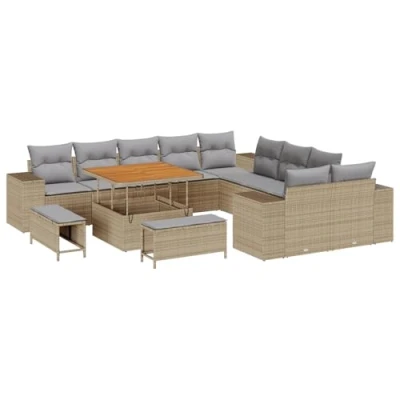 Afbeelding van vidaXL 13 delige Tuin Sofa Set met Kussens Beige Poly Rattan Acacia, 3 Eetset Acacia