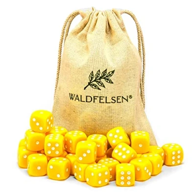 Afbeelding van Waldfelsen 6,12, 20, 30 of 50 hoogwaardige dobbelstenen van ® standaardgrootte 16 mm acryldobbelstenen dobbelsteen Dice 6 zijdig zeshoekige speelaccessoires set met stoffen zak (geel, stuks)