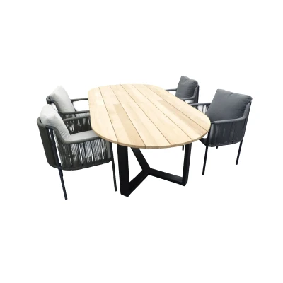 Afbeelding van Set van Kaihou tafel 260x122x76 cm ovaal teak en 4 Umi stoelen zwart/grijs Yoi