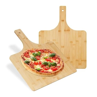 Afbeelding van Relaxdays pizzaschep XXL bamboe set van 2 pizzaspatel met korte steel broodschep