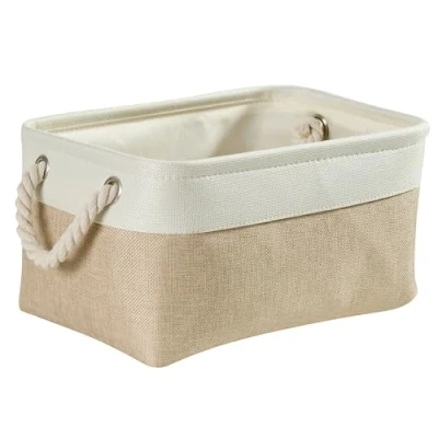 Afbeelding van Mangata Opbergdozen, kleine stoffen opbergmanden met touwgrepen voor kasten, planken, kledingkast, speelgoed, kleding (opvouwbaar, licht kaki wit)