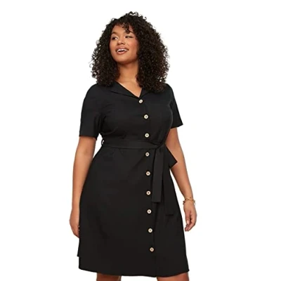Afbeelding van Trendyol Vrouwen Plus Size Mini Shirt Jurk Ontspannen Geweven Jurk, Zwart, 70 grote maten
