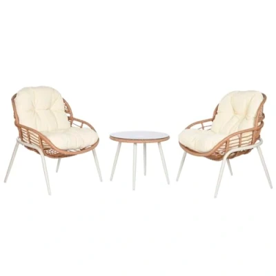 Afbeelding van Tafelset met 2 fauteuils Home ESPRIT Wit Beige Grijs Metaal Kristal Synthetische rotan 55 x x...