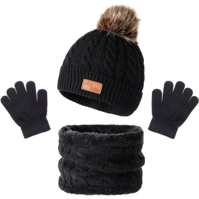 Afbeelding van Winter set 3 stuks Zwart 1 tot 5 jaar Beanie muts, ronde sjaal, handschoenen delige voor kinderen