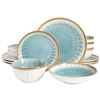 Afbeelding van Gibson Elite Mayfair Bay Reliëf Dubbele Kom Servies Set, Service voor 4 (16 stuks), Blauw