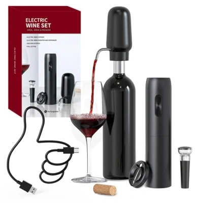 Afbeelding van CIRCLE JOY Elektrische wijnopenerset 4 in 1 wijnset met oplaadbare kurkentrekker, wijnbeluchter, foliesnijder en vacuüm wijnstop, cadeauset voor wijnliefhebbers, zwart