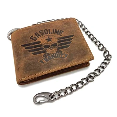 Afbeelding van Vintage biker wallet portemonnee klein originele Gasoline Bandit van echt leer met ketting, bruin, Medium,