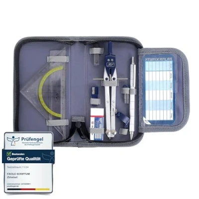 Afbeelding van Facile Scriptum Hoogwaardige passerset (blauw) 13 delige geometrieset passer met snelverstelling, metalen potlood, geodriehoek, gum en nog veel meer wiskundeset etui