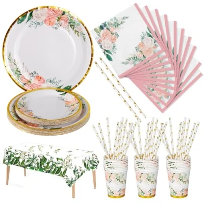 Afbeelding van Nkaiso feestservies met bloemendesign, feestaccessoires papieren borden, bekers, rietjes en servetten, voor kinderverjaardag, verjaardagsfeest, 25 gasten, 126 stuks