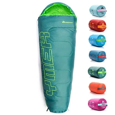 Afbeelding van Slaapzak voor Kinderen ultralicht Mummieslaapzak met capuchon ideaal om te kamperen reizen wandelen festival outdoor camping toerisme (donkergroen groen)