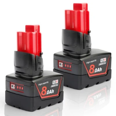 Afbeelding van Powarobor 2 stuks M12 12V 8.0Ah Li ion vervangende accu voor Milwaukee draadloos elektrisch gereedschap,8000mAh 48 11 2401 2402 2411 2420 2460 met LED indicator