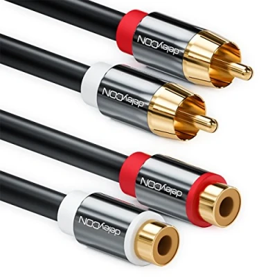 Afbeelding van deleyCON 7,5m Cinch Verlenging RCA Verlengsnoer Stereo Audiokabel 2x Stekker naar Bus Vergulde Metalen Zwart