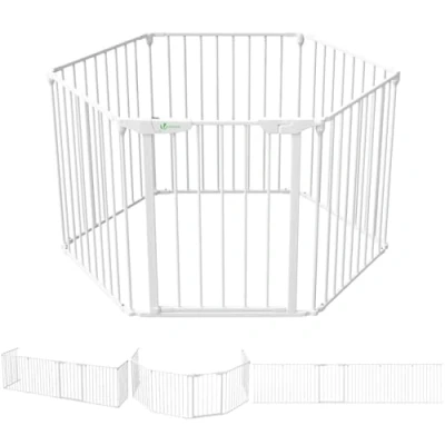 Afbeelding van VOUNOT Veiligheidsbarrière voor kinderen, open haard, opvouwbaar, box, multifunctioneel, zonder boren, hondenbarrière, 6 panelen, voorgemonteerd, 3,75 m, wit