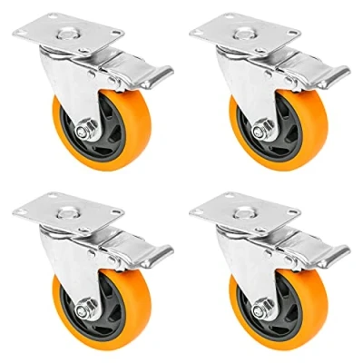 Afbeelding van HMF zware wielen met rem van polyurethaan, 4 stuks, 100 mm, tot 460 kg, oranje