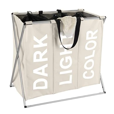 Afbeelding van WENKO Wasmand TRIO beige, 3 delige indeling, inklapbaar, met grepen