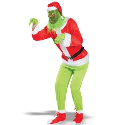 Afbeelding van Kerstkostuum set. &quot;Groen monster&quot;. Muts met masker, kleding, broek, handschoenen, riem, schoen overtrek. Set van 6. (S/M)