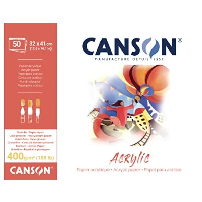Afbeelding van CANSON Acrylpapier, fijne korrel, 400 g/m², 48 lb, gelijmd blok, grote kant, 32 x 41 cm, natuurlijk wit, 50 vellen