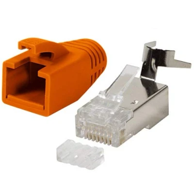 Afbeelding van odedo 10 x RJ45 stekker CAT7, CAT6A, CAT8.1, netwerkstekker voor installatiekabel, installatiekabel GB AWG 22 24, PoE LAN, krimpstekker, metaal met inrijghulp en knikbescherming, oranje