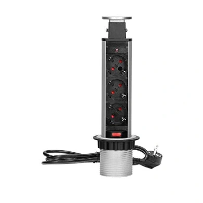 Afbeelding van Verticale Stekkerdoos Pop up Stekkerblok met 3 stopcontacten Ø 60mm Inbouw Verdeelstekker 1.8 meter kabel voor max. 3680 Watt Zilver