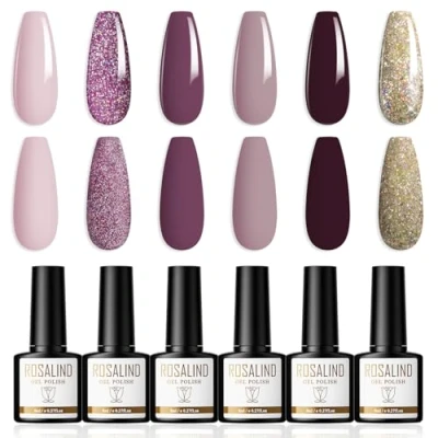 Afbeelding van ROSALIND Gel Nagellak 6 Kleuren Shellac Set Violet Serie Gellak Donkerpaars Lila Gouden Glitter Soak Off UV/LED Nail Polish Art Manicure 8ml