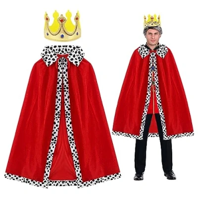 Afbeelding van SKHAOVS 2 delige King Queen kostuum voor volwassenen, kroningsoutfit, koninginnenmantel met kroon, koningin, verkleedkledij rollenspel, maskerade, themafeest, Halloween, carnaval, 120 cm (rood)