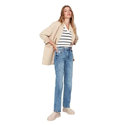 Afbeelding van Trendyol Blauwe Vintage Jeans Met Hoge Taille En Wijde Pijpen Bleek Effect Twoss23Je00166