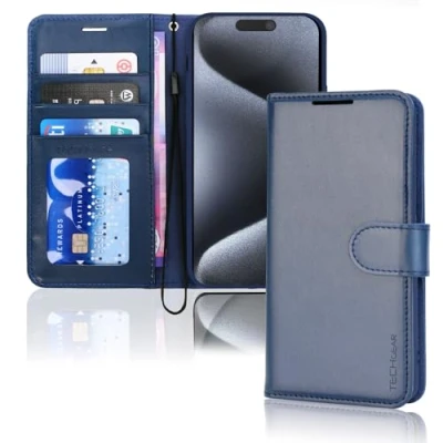 Afbeelding van TECHGEAR Leren portemonneehoesje voor iPhone 15 Pro Max, flip beschermhoes met portemonnee kaarthouder, standaard en polsband blauw PU leer magnetische sluiting, ontworpen Max