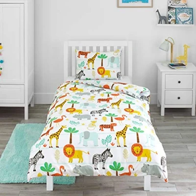 Afbeelding van Bloomsbury Mill Kinderbeddengoed 120 x 150 cm, safaridieren voor kinderen, babybeddengoed meisjes en jongens, dierentuindieren jungle, omkeerbaar beddengoed kussensloopset peuters