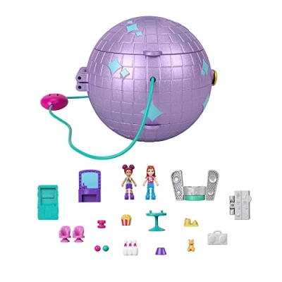 Afbeelding van Polly​ Pocket Dubbelspel Compacte Speelset Rolschaatsen, met discothema, 2 micropoppen, 15 accessoires, 1 modeaccessoire en verwisselfunctie, geweldig cadeau voor kinderen vanaf 4 jaar, HCG24