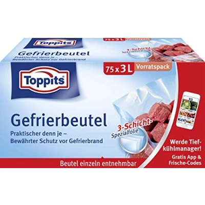 Afbeelding van Toppits Vrieszakken voorraadverpakking, 3 liter, 75 stuks, staande bodem, transparant